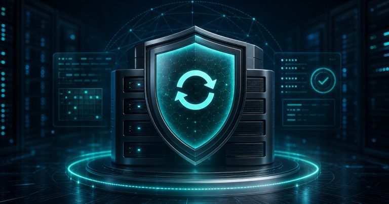 Abstrakcyjna grafika serwerów Linux z tarczą bezpieczeństwa i symbolem aktualizacji